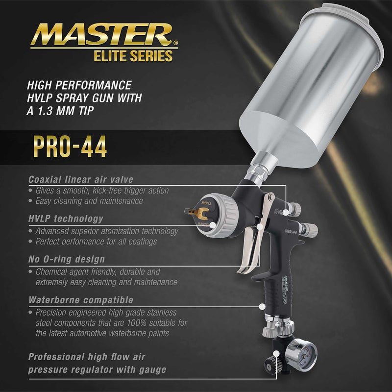 Master Airbrush Master Elite PRO-44 HVLP Spray Gun with 1.3mm Tip, Air Pressure Regulator Gauge and 1L Cup - Automotive Spray Paint Gun for Painting Basecoats & Clearcoats - Advanced Atomization Technology - Image 2